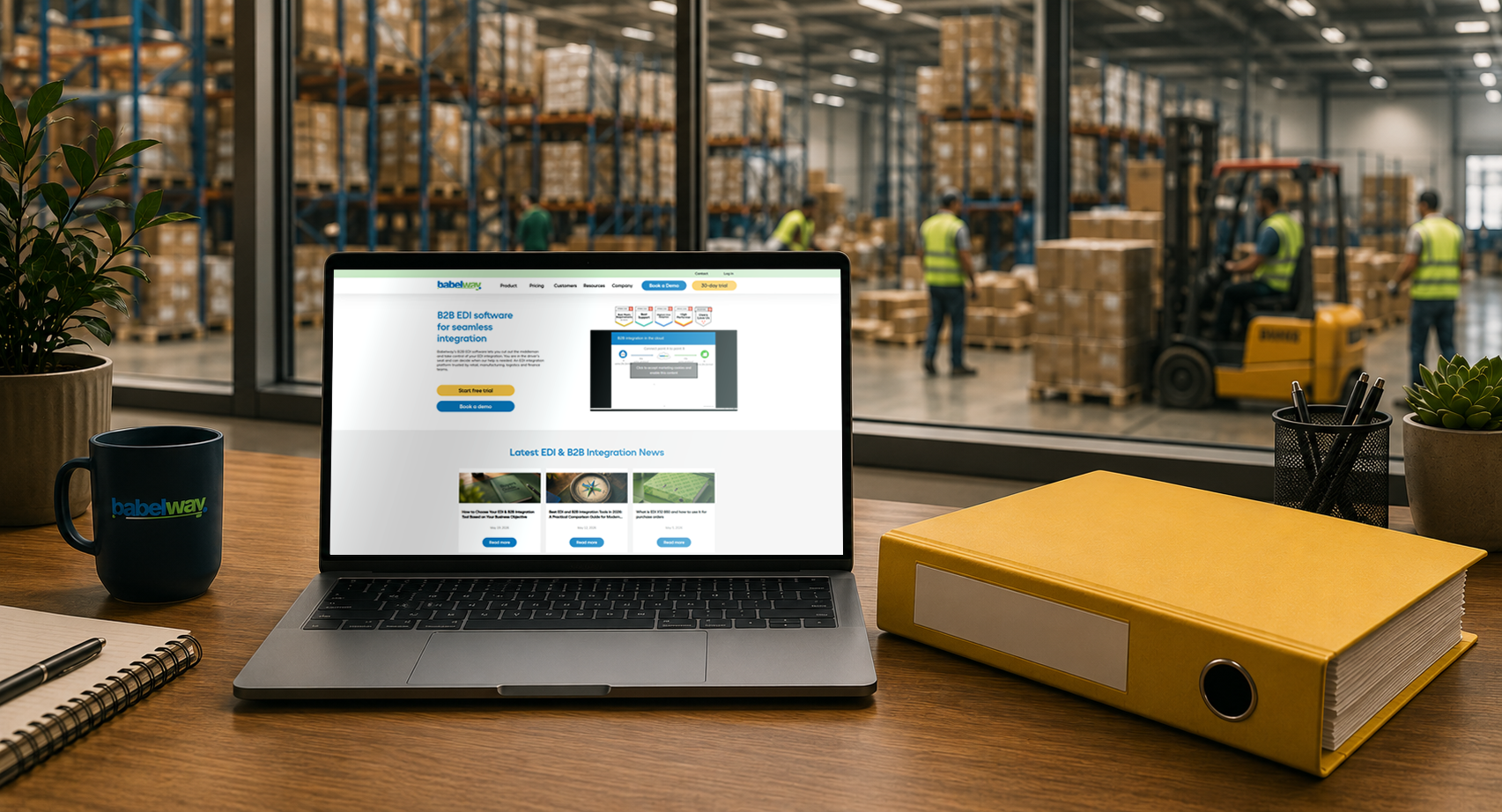 Babelway EDI integration platform running on a laptop in an active warehouse, connecting 3PL providers and supply chain partners via EDI X12 940