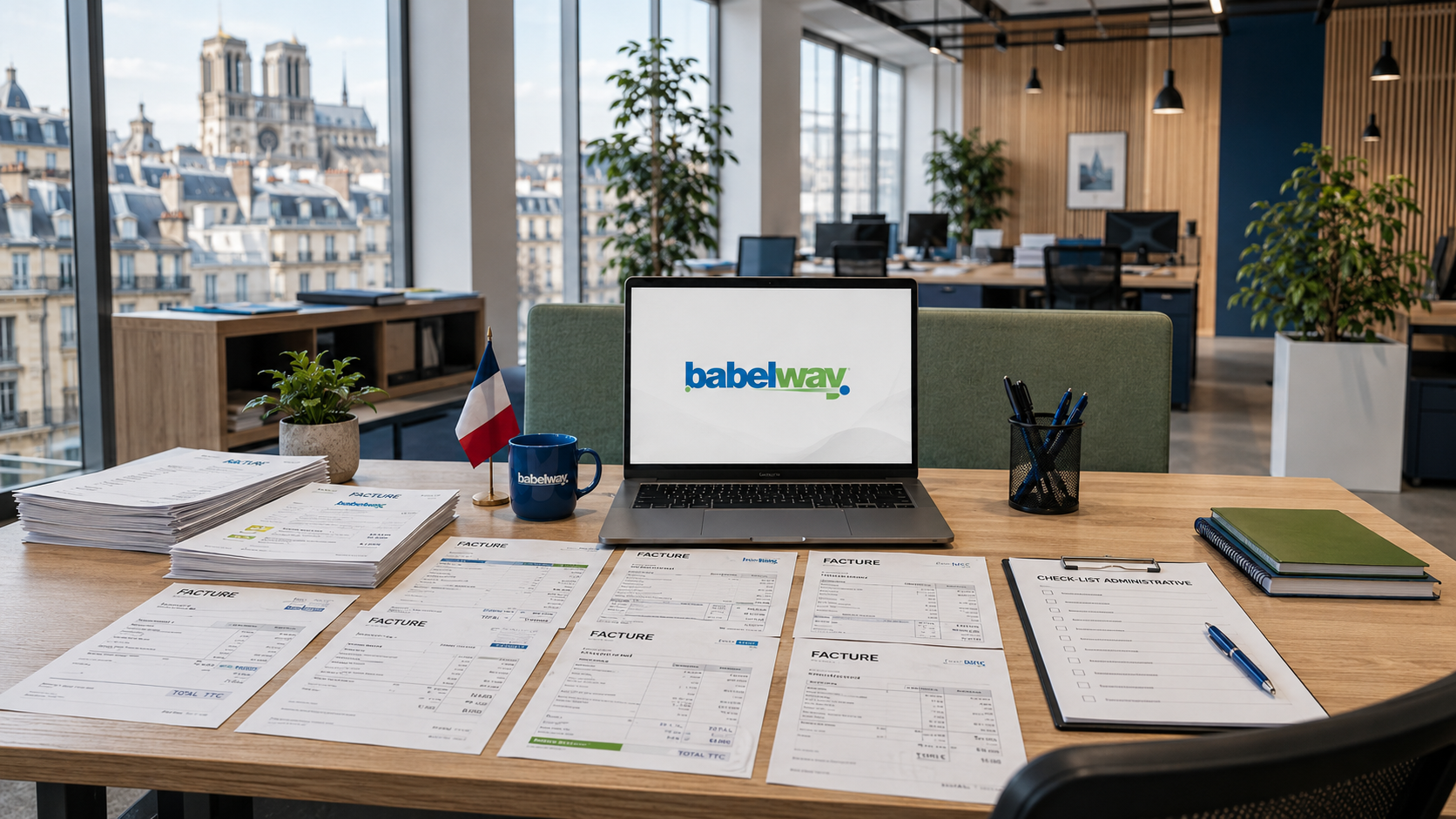 Babelway office desk with French invoices and laptop — preparing for French e-invoicing with a Plateforme Agréée