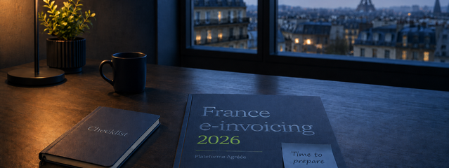 France e-invoicing 2026 preparation checklist on a Paris evening desk — Babelway Plateforme Agréée