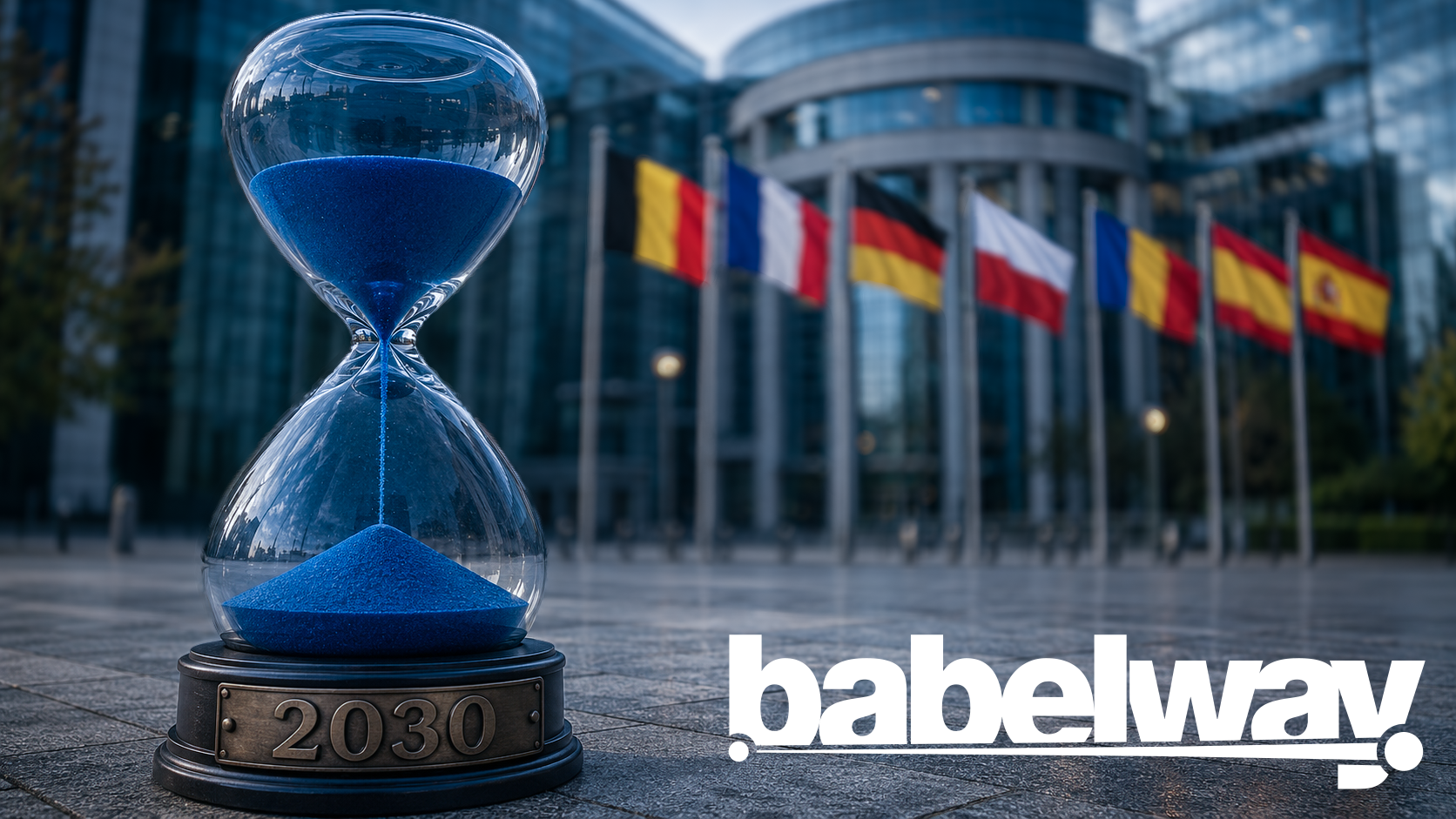 Hourglass marked 2030 in front of EU Parliament flags representing the ViDA implementation deadline for businesses — Babelway