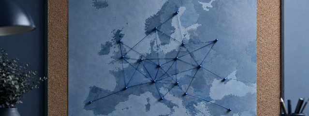 Corkboard map of Europe with connected pins illustrating cross-border e-invoicing networks under the EU ViDA regulation
