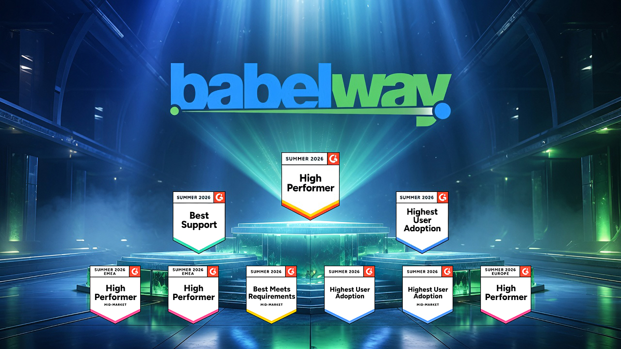 Babelway logo with eight G2 Summer 2026 badges including Best Support, Best Meets Requirements, High Performer, and Highest User Adoption