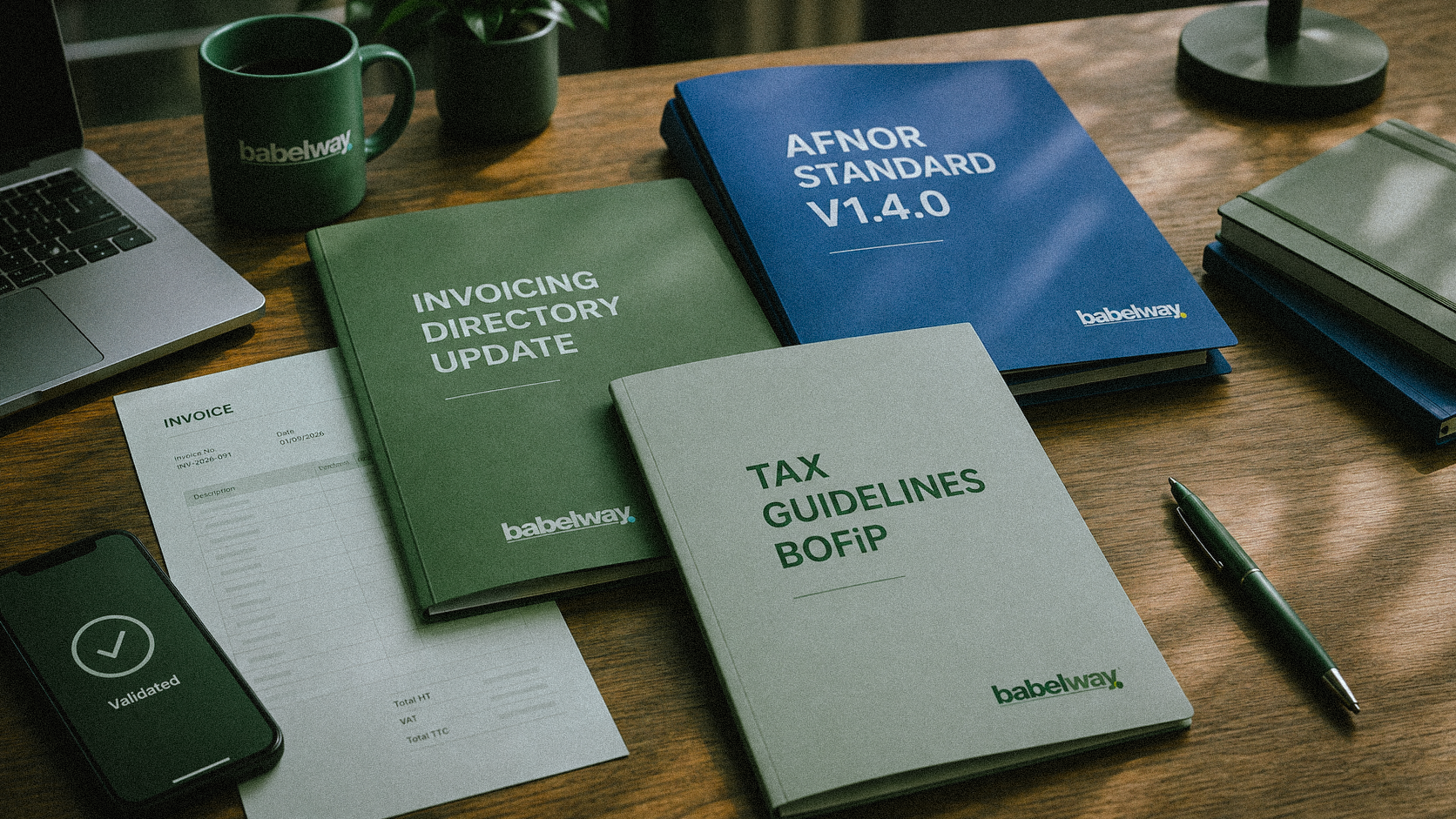 Reference binders for the AFNOR e-invoicing standard v1.4.0, the e-invoicing directory (Annuaire) update, and French tax authority BOFiP guidelines, next to a validated e-invoice on a smartphone