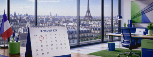 Office desk calendar circling September 1, 2026 with the Paris skyline and Eiffel Tower in the background, marking France’s e-invoicing mandate deadline