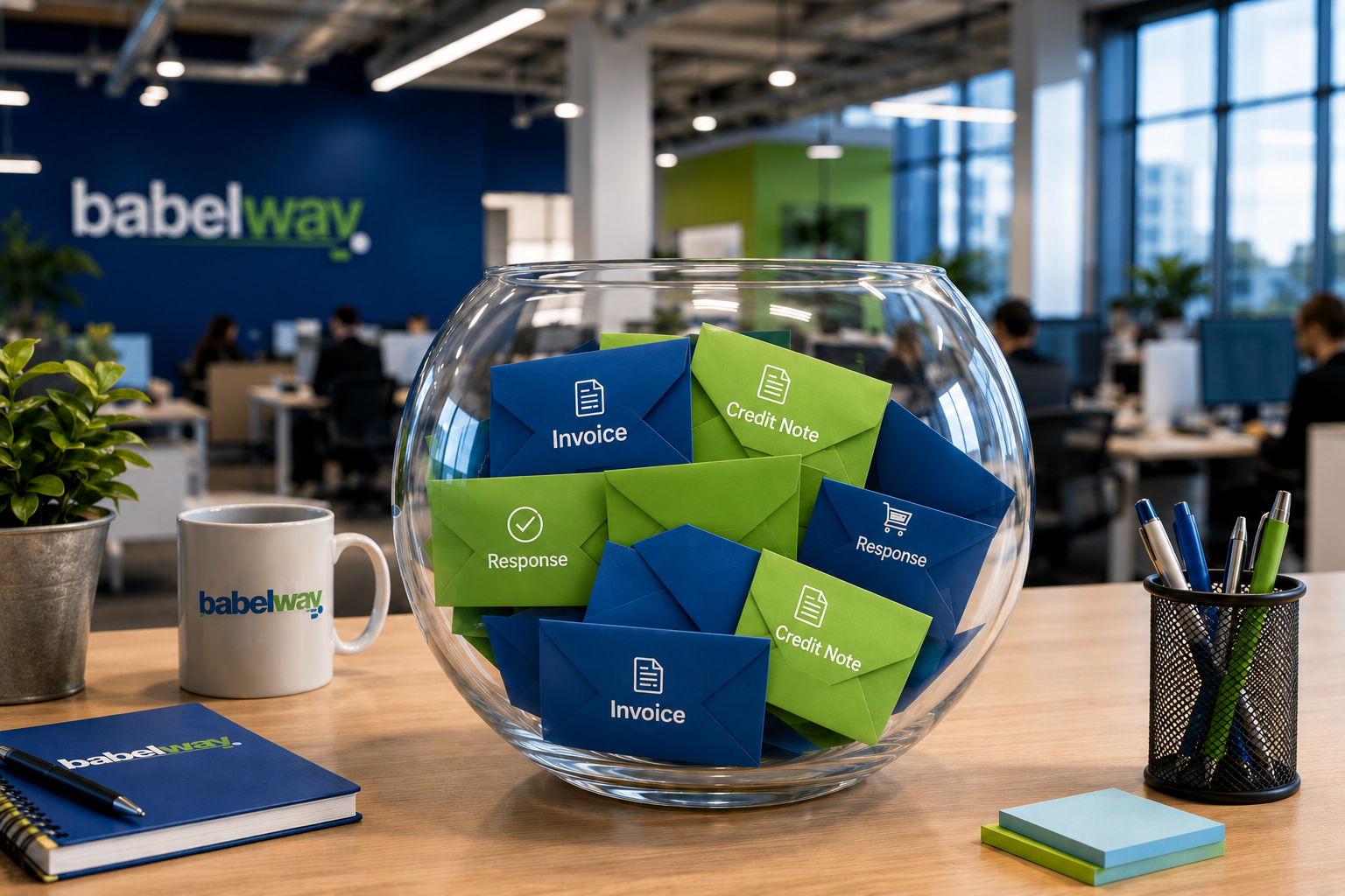 Glass bowl of blue and green envelopes labeled Invoice, Credit Note, and Response illustrating Peppol e-invoicing message types