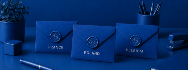 Three blue envelopes labeled France, Poland, and Belgium representing each country’s 2026 Peppol e-invoicing mandate