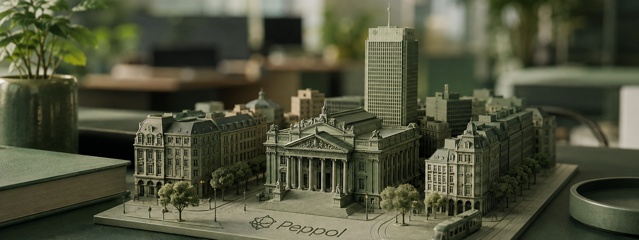 Miniature European plaza with the Peppol logo etched into the pavement, representing government e-invoicing network reliability