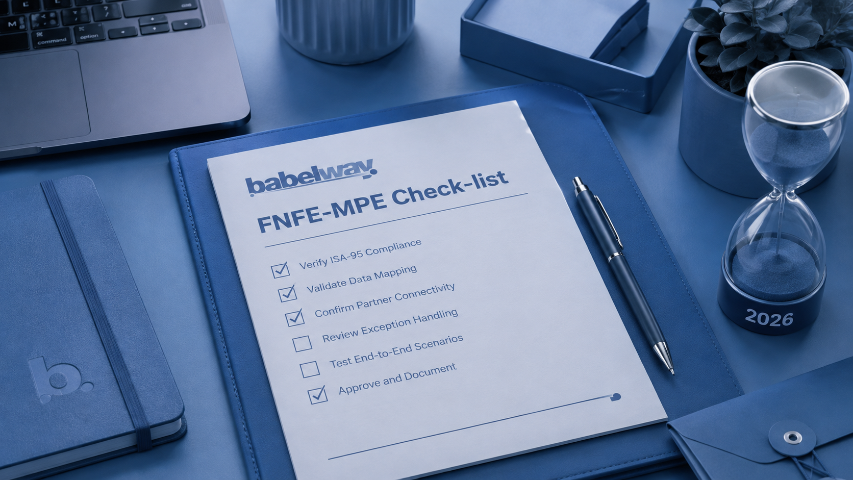 Babelway-branded folder with an FNFE-MPE go-live check-list for France's Plateforme Agréée e-invoicing mandate — Babelway