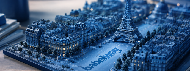 Miniature Paris cityscape with the Eiffel Tower and Babelway logo, representing France’s September 2026 e-invoicing mandate