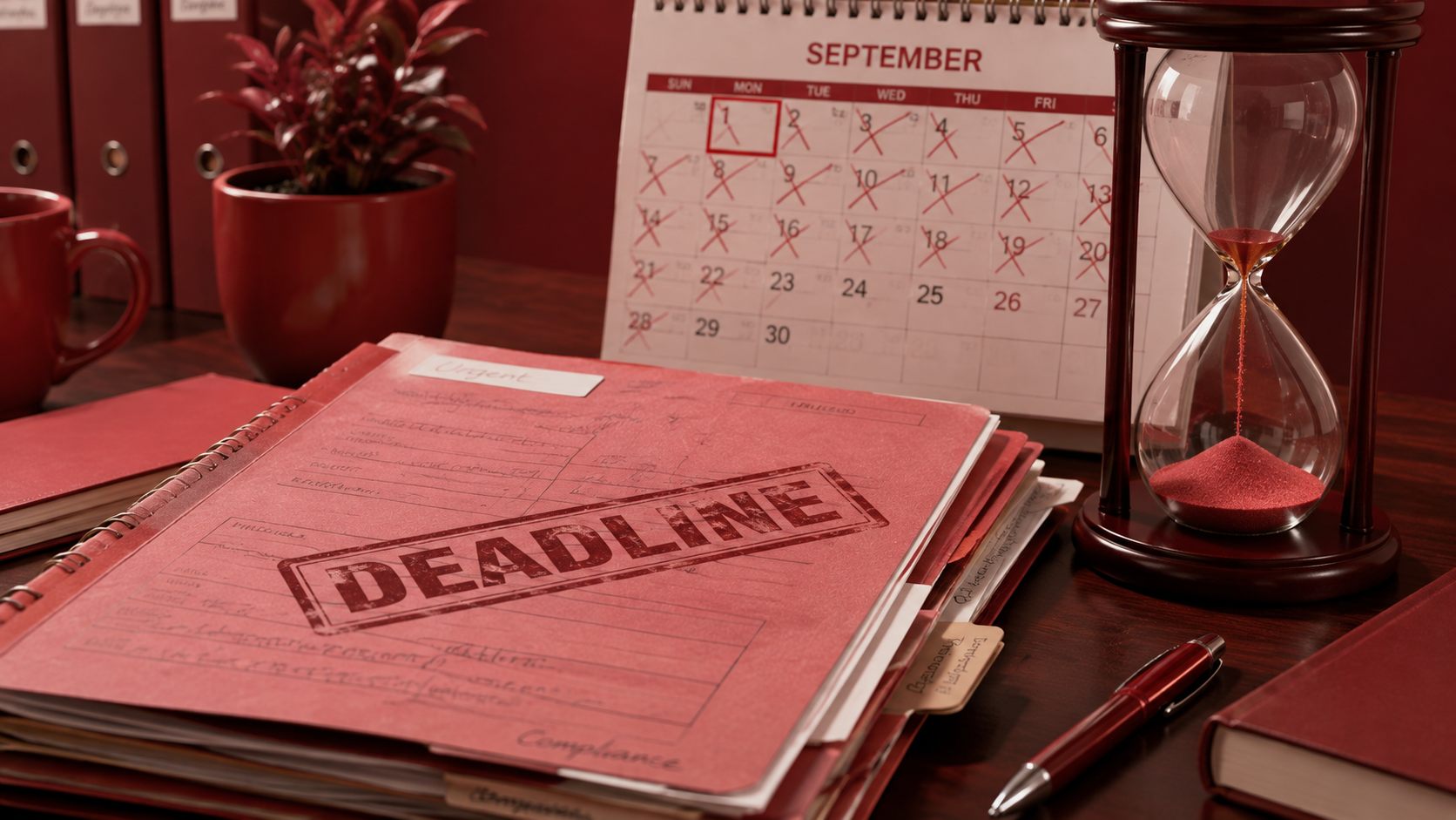 Calendar with September dates crossed off and a deadline folder, illustrating the good-faith approach for companies facing France e-invoicing implementation difficulties