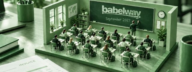 Miniature classroom scene with a babelway chalkboard reading September 2027, representing the back-to-school SMB e-invoicing checklist deadline