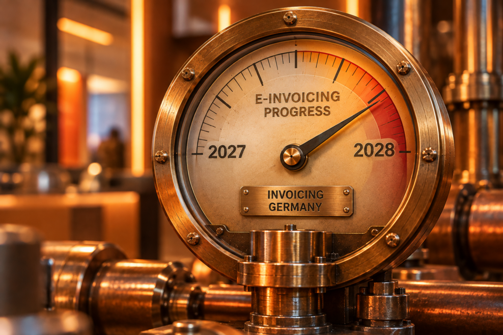 Gauge showing Germany's e-invoicing mandate progress moving from the 2027 to 2028 compliance deadline