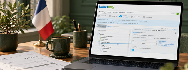 Babelway e-invoicing workspace on a laptop next to a French flag and a printed facture, illustrating France's e-invoicing mandate one month in and the road to the 2027 SMB deadline
