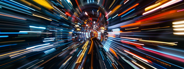 Abstract high-speed light-trail motion graphic symbolizing automated EDI X12 document exchange between US trading partners