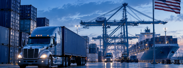 Freight truck and container ship at a US port with cranes and an American flag, illustrating EDI X12 document exchange with US retailers, distributors and 3PLs