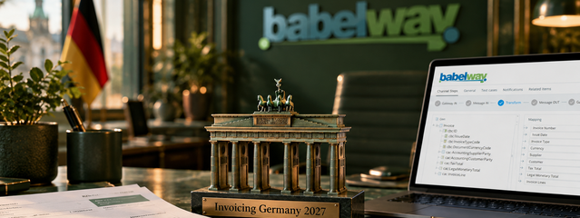 Brandenburg Gate model with an Invoicing Germany 2027 plaque, a German flag and the Babelway e-invoicing platform on a laptop, illustrating the BMF's new e-invoicing guidance ahead of the 2027 deadline